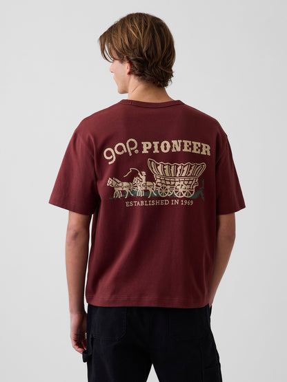 Koyu Kırmızı Heavyweight Gap Pioneer Grafik Baskılı T-shirt