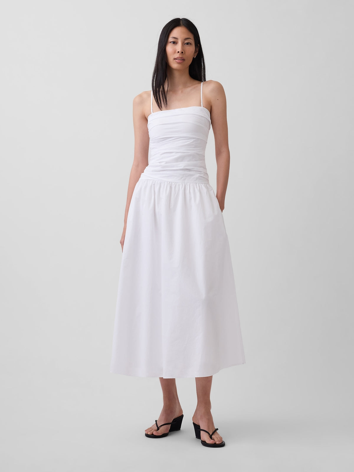 Beyaz Poplin Drop-waist Maxi Elbise