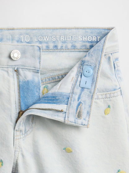 Açık Mavi Low Rise Stride Işlemeli Limon Denim Şort