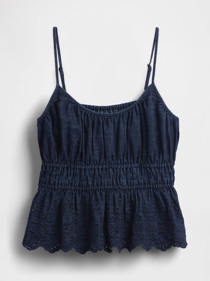 Lacivert Büzgülü Eyelet Denim Cami Bluz