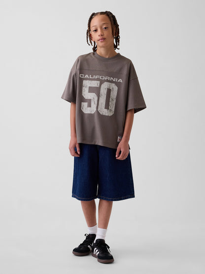 Kahverengi Mesh Oversized Grafik Jersey T-shirt