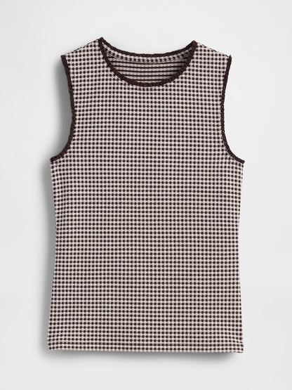Beyaz Gingham Pointelle Shell Kolsuz Bluz
