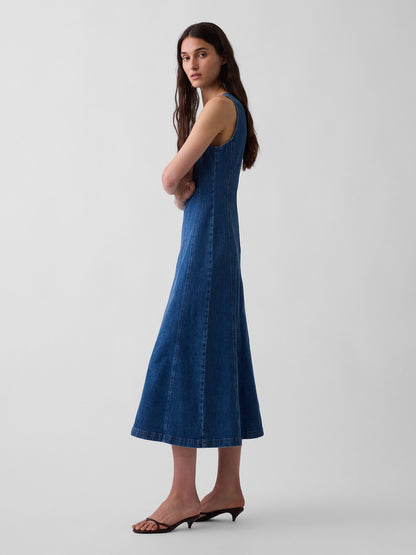 Koyu Mavi Seamed Denim Maxi Elbise