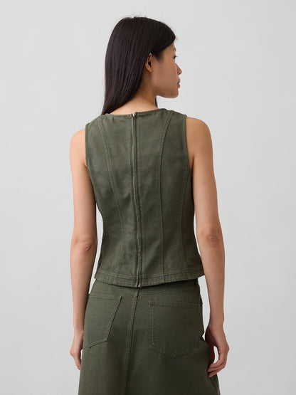Haki Seamed Twill Crop Shell Bluz