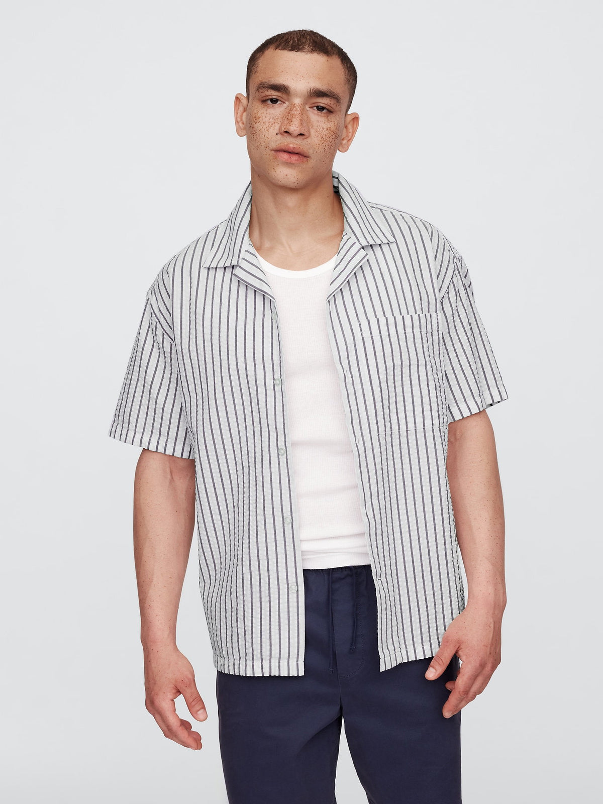 Beyaz Seersucker Boxy Fit Gömlek