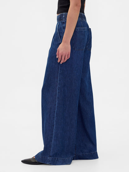 Koyu Mavi Mid Rise Ultrasoft Pileli Baggy Jean Pantolon
