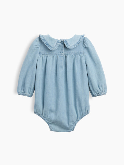 Mavi Işlemeli Denim Balon Kol Bodysuit