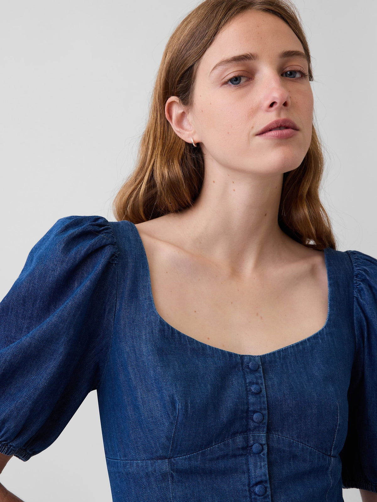Mavi Denim Puff-sleeve Kalp Yaka Mini Elbise