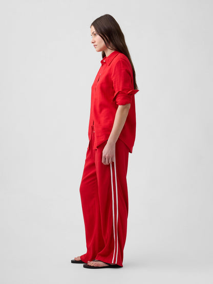 Kırmızı Keten Karışımlı Çizgili Wide-leg Pantolon