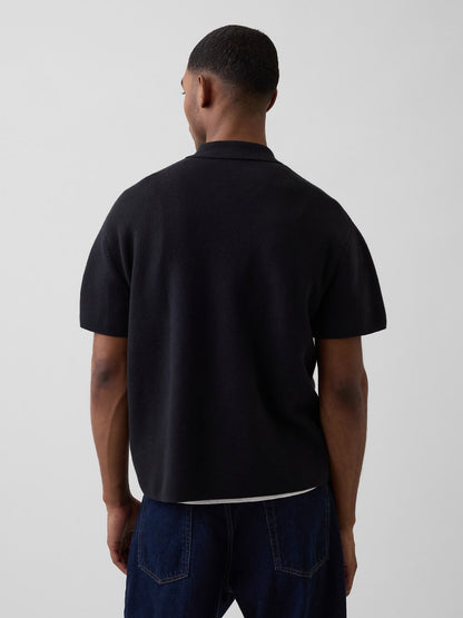 Siyah Oversized Yarım Fermuarlı Cepli Triko Polo T-shirt