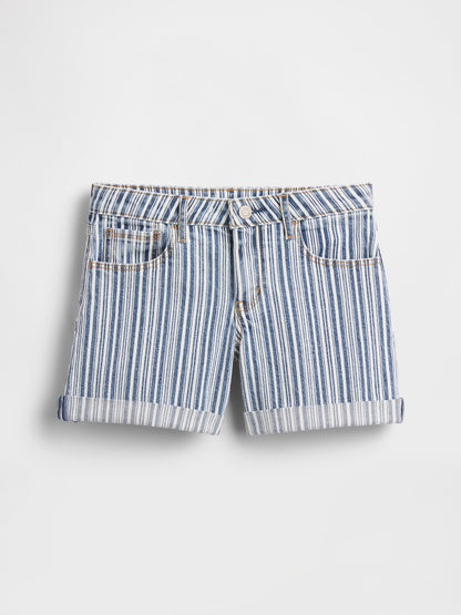 Mavi Denim Çizgili Midi Şort