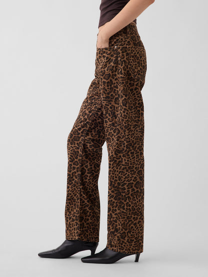Kahverengi Mid Rise Straight Taper Leopar Jean Pantolon