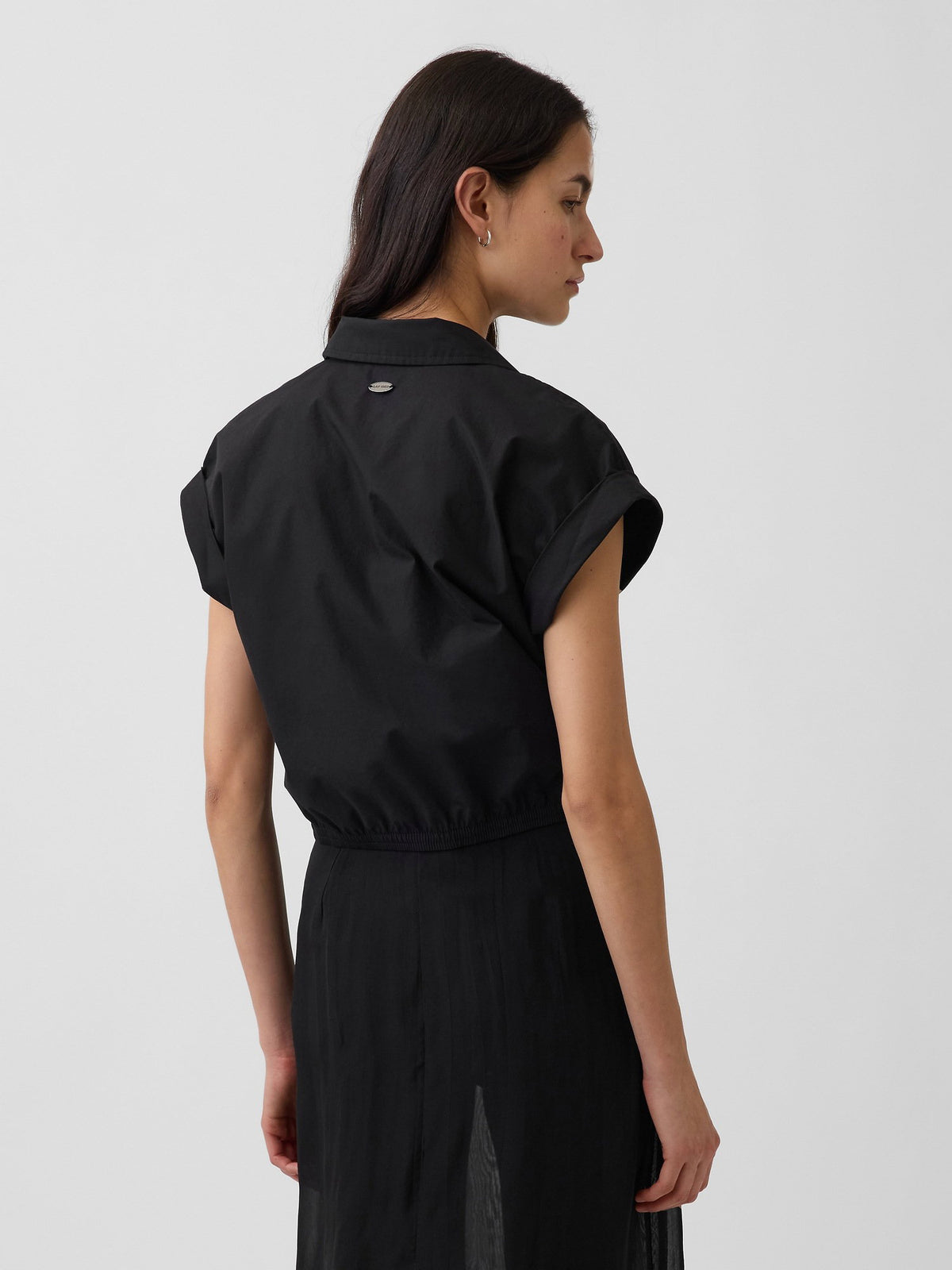Siyah Poplin Cap-sleeve Crop Bluz