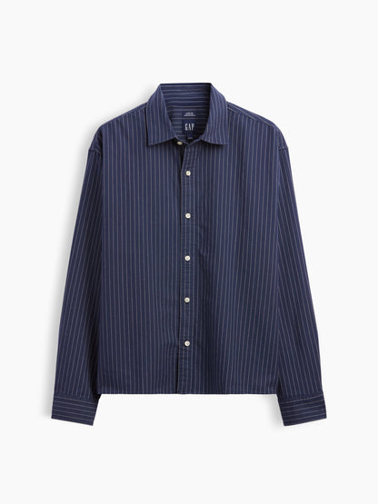 Koyu Mavi Relaxed Crop Straight-hem Oxford Gömlek