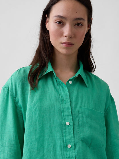 Açık Yeşil 100% Keten Oversize Gömlek