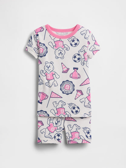 Pembe Organik Pamuk Ayı Baskılı Logo Şort Pijama Takımı