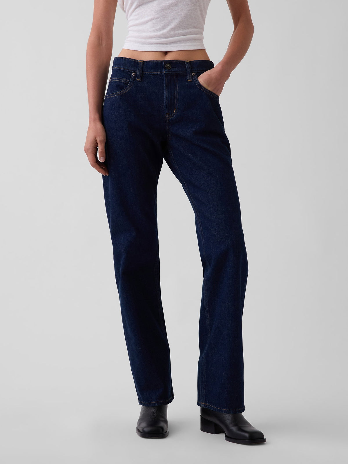 Koyu Mavi Mid Rise Straight Taper Jean Pantolon
