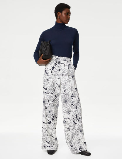 Çiçek Desenli Wide Leg Saten Pantolon