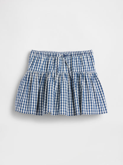 Mavi Gingham Denim Katmanlı Şort Etek