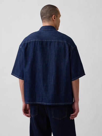 Koyu Mavi Denim Oversized Straight-hem Gömlek