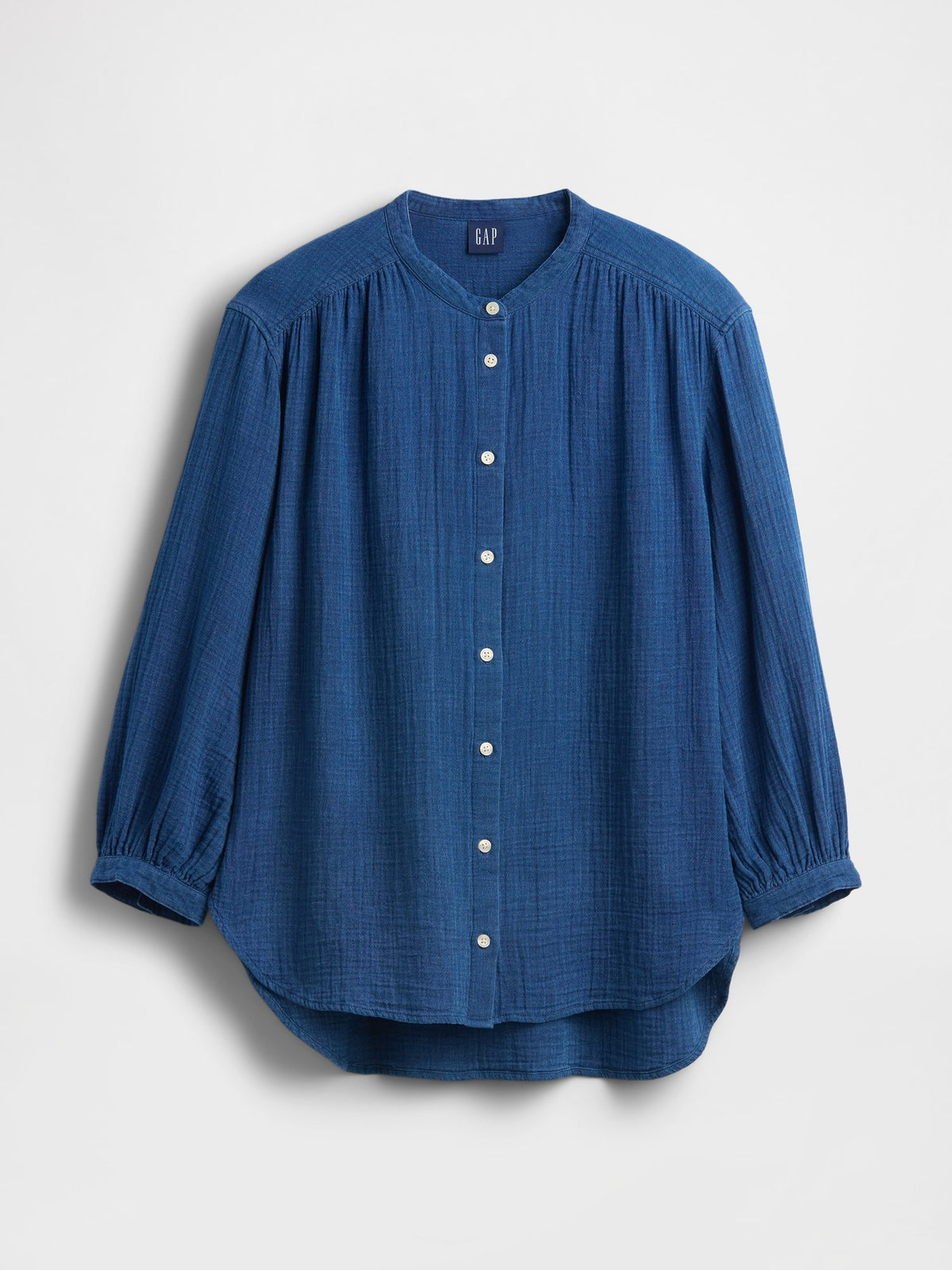 Koyu Mavi Pamuk Gauze Denim Oversized Yakasız Gömlek