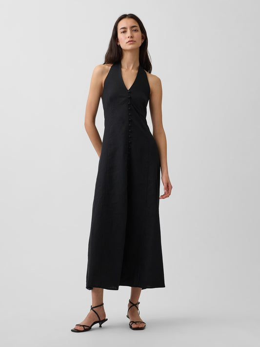 Siyah Keten Karışımlı Halter Maxi Elbise