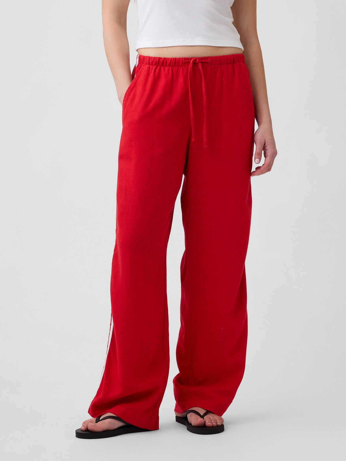 Kırmızı Keten Karışımlı Çizgili Wide-leg Pantolon