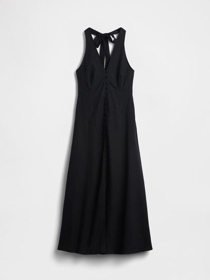 Siyah Keten Karışımlı Halter Maxi Elbise