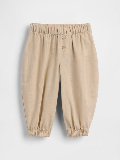 Bej Keten Pamuk Karışımı Pull-on Barrel Pantolon
