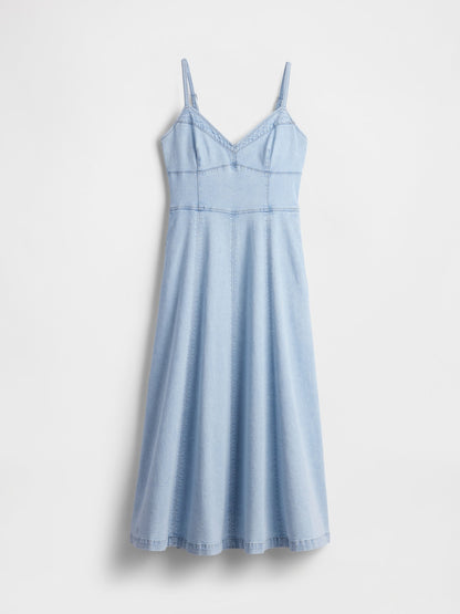Açık Mavi Denim Seamed Korse Maxi Elbise