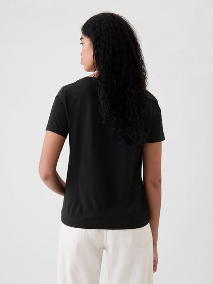 Siyah Organik Pamuk Vintage V Yaka T-shirt