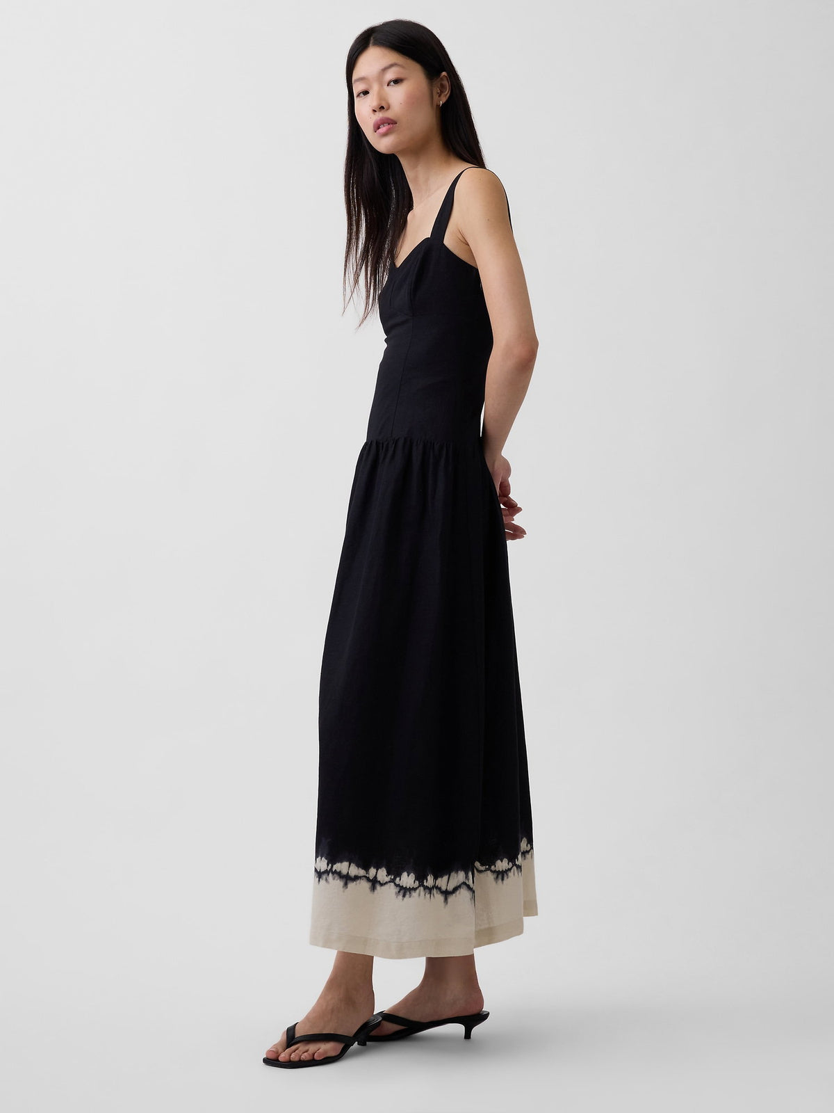 Siyah Keten Karışımı Drop-waist Korse Maxi Elbise