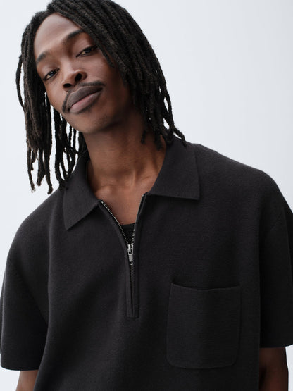Siyah Oversized Yarım Fermuarlı Cepli Triko Polo T-shirt