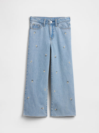 Mavi High Rise Papatya Işlemeli Wide-leg Jean Pantolon