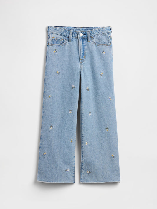 Mavi High Rise Papatya Işlemeli Wide-leg Jean Pantolon