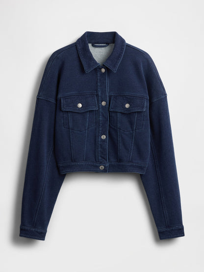 Koyu Mavi Fransız Havlu Kumaş Crop Icon Denim Ceket