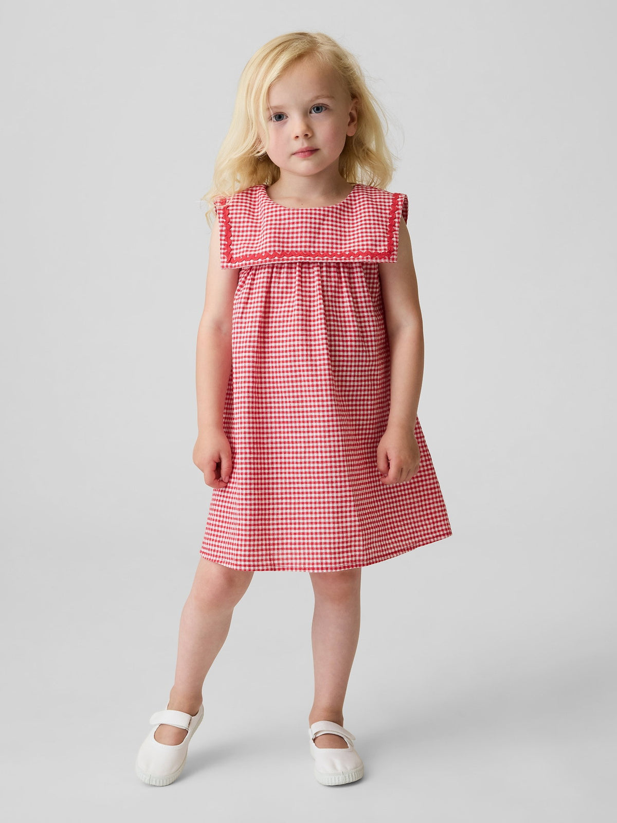 Kırmızı Keten Karışımlı Gingham Sailor Elbise