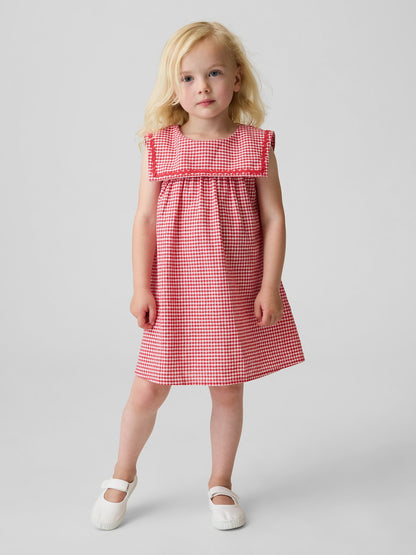 Kırmızı Keten Karışımlı Gingham Sailor Elbise