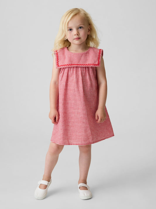 Kırmızı Keten Karışımlı Gingham Sailor Elbise