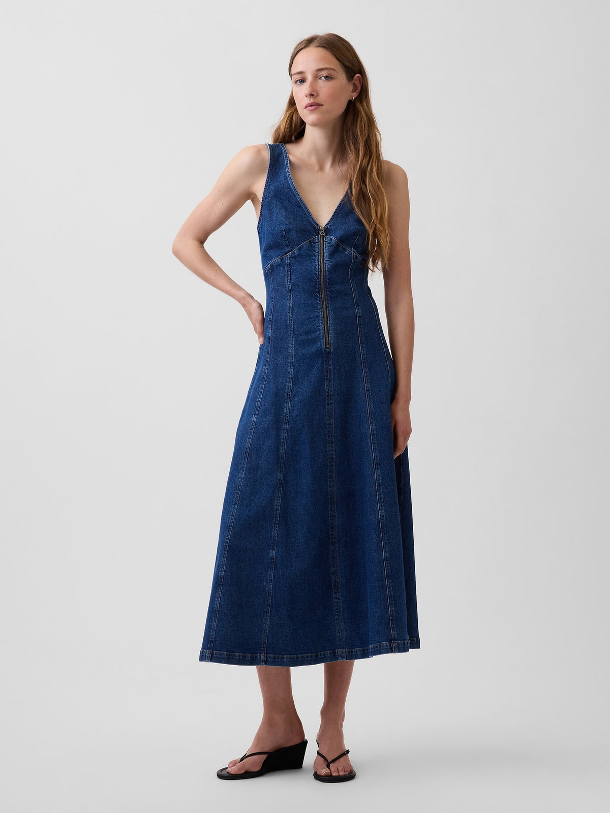 Koyu Mavi Denim Seamed Fermuarlı Midi Elbise