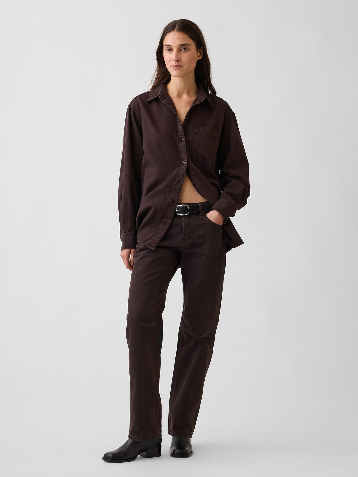 Kahverengi Mid Rise Straight Taper Jean Pantolon