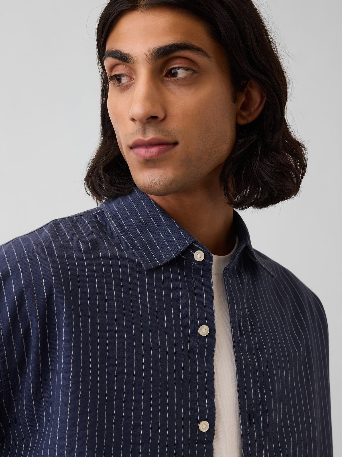 Koyu Mavi Relaxed Crop Straight-hem Oxford Gömlek