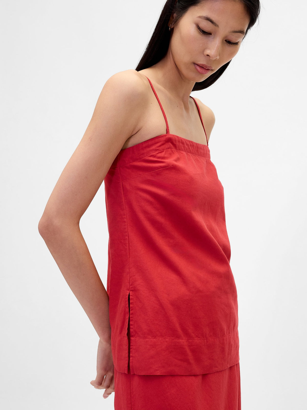 Kırmızı Keten Karışımı Askılı Bluz