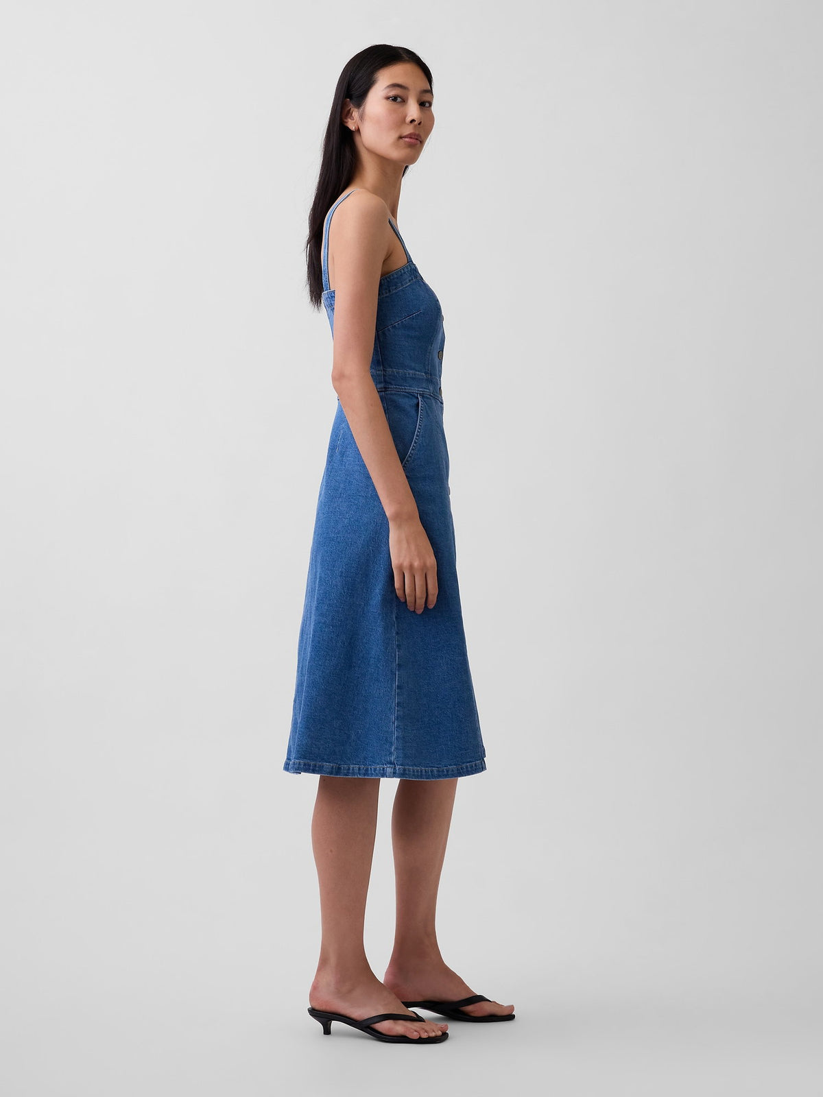 Mavi Denim Düğmeli Midi Elbise