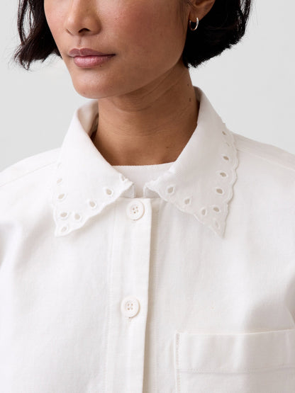 Beyaz Eyelet Hem Relaxed Gömlek Ceket