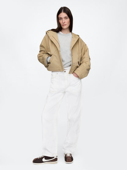 Bej Kapüşonlu Crop Ceket
