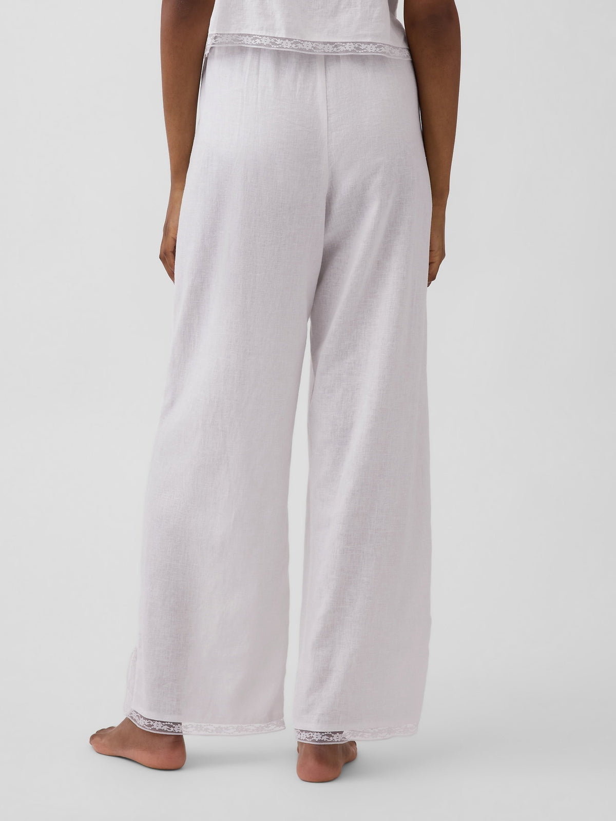 Beyaz Keten Karışımlı Dantel Kenar Pijama Altı