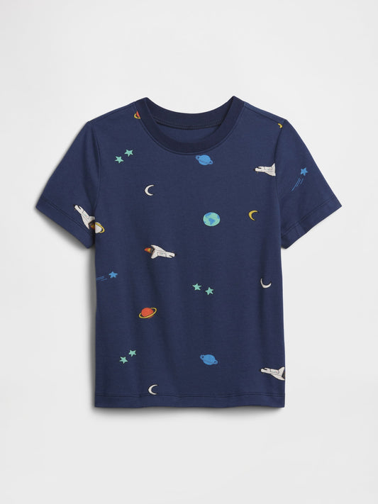 Koyu Mavi Grafik Baskılı T-shirt