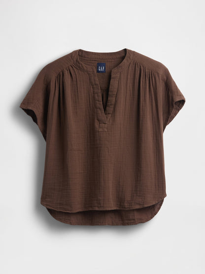 Kahverengi Pamuk Gauze Oversized Split-neck Üst