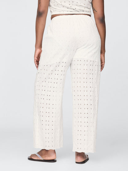 Beyaz Mid Rise Eyelet Kolay Wide-leg Pantolon